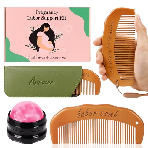 Arrozon 2 Pcs Labor Comb & Massage Roller Ball Kit, Birthing Comb Labor and Delivery Essentials, Birth comb Hospital Bag Essentials, Wooden Combs Baby Shower Gifts, Pain Relief Pregnancy Must Haves