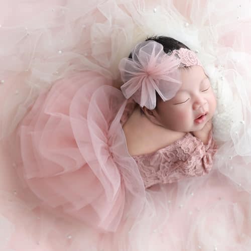 Newborn Girl Photoshoot Outfits– Pink Lace Romper + Headdress, 1 Month Baby Girl Photo Props Clothes For Newborn Photos