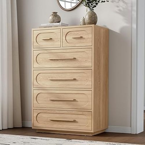 6 Drawer Dresser for Bedroom, 44" Tall Modern Chest of Drawers with Solid Wood Handle, Large Wood Storage Dresser Organizer for Bedroom, Living Room, Natural Oak