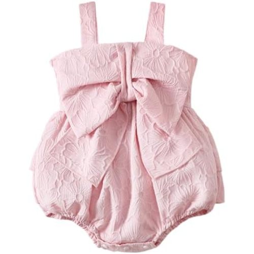 Infant Baby Girl Sleeveless Bubble Romper Bow Dress Floral Texture Bodysuit Spring Summer Outfit