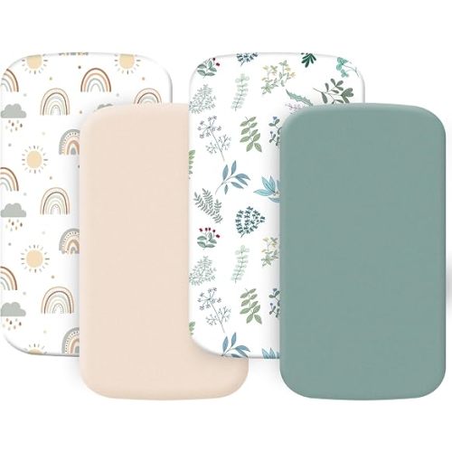 4 Pack Bassinet Sheets (19" x 33"), Compatible with Baby Delight, BabyBond, Dream On Me and Most Rectangle Bedside Sleeper Bassinet Mattress, Soft and Skin-Friendly, Mint Green and Color Rainbow