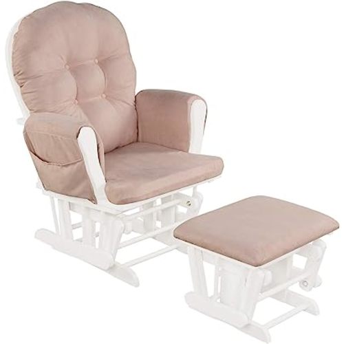 Costzon Nursery Glider with Ottoman, Upholstered Comfort Glider Rocker with Padded Cushion, Storage Pocket, Solid Wood Base, Rocking Chair Nursery for Breastfeeding, Napping (Pink)