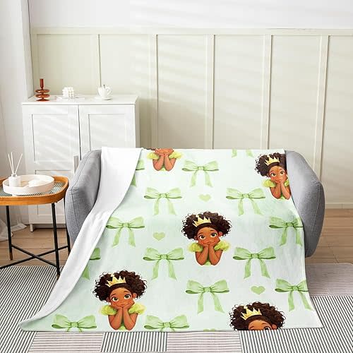 Cute Princess Flannel Blanket for Kids,Green Bowknot Marble Paint Fleece Throw Blanket for Bedroom Sofa,Fairy Tale Black Skin Girl Frog Crown Bed Blanket,Baby (30 x 40 Inches)
