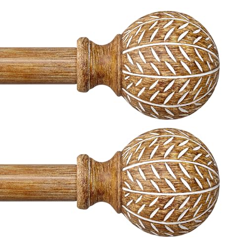 QDWIS 2 Pack Wood Curtain Rods for Windows 48 to 84 Inch,1'' Diameter Drapery Rods with Imitation Wood Grain Leaf Pattern Finials,Boho Adjustable Heavy Duty Curtain Rods Set,36-88'',Color:Natural Wood