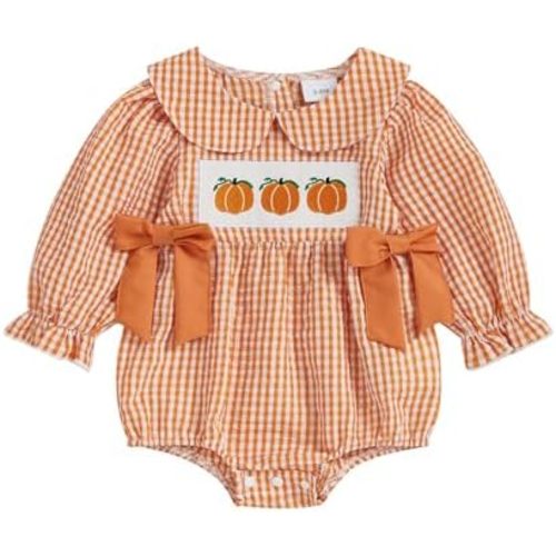 Engofs Baby Girl Halloween Outfit Long Sleeve Pumpkin Smocked Plaid Romper Fall Winter Clothes