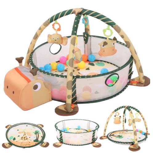Baby Play Mat, Caveen 3 in 1 Baby Play Gym Activity Mat, with Hanging Toys and Ocean Balls, for Infants Toddlers, Orange Giraffe
