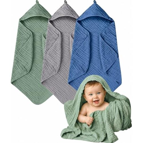 Momsnug 3-Pack Muslin Hooded Baby Towels, 100% Cotton, Ultra-Soft & Absorbent Baby Bath Towels with Hood for Babies, Infant, Toddler and Newbron(Green + Grey + Dark Blue，35" X 35'')