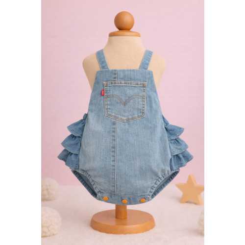 Signature Ruffle Butt Denim Romper – Upcycled Levi’s Baby Outfit