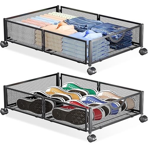 Yecaye Under Bed Storage with Wheels, 2 Pack Under Bed Shoe Storage Organizer Drawer, Tool-free Assembly Metal Underbed Storage Containers for Clothes, Shoes, Black