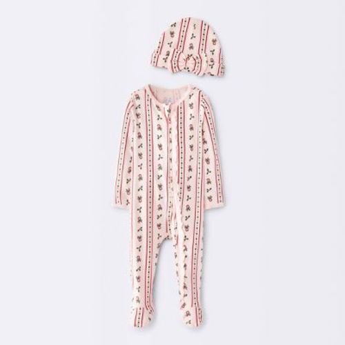 Baby Girls' 2pc Holiday Striped Holly Sleep N' Play and Hat Set - Cloud Island™ Pink Newborn