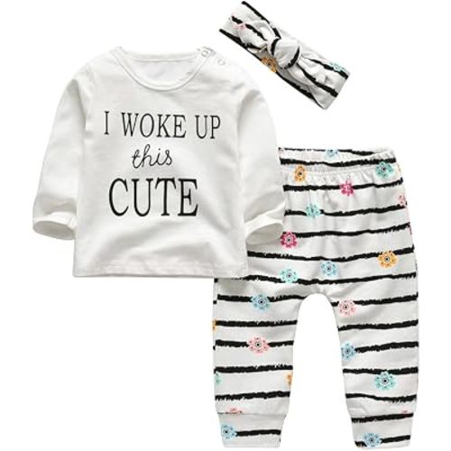 KuKitty 3Pcs Baby Girl Outfits Set Long Sleeve T-Shirt Tops Flowers Pants with Headband