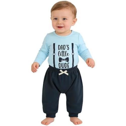 Toddler Dad's Little Dude Long Sleeve Snap Closure Romper Top Jogger Pants Set Cute Fall Winter Clothes Set Outfits