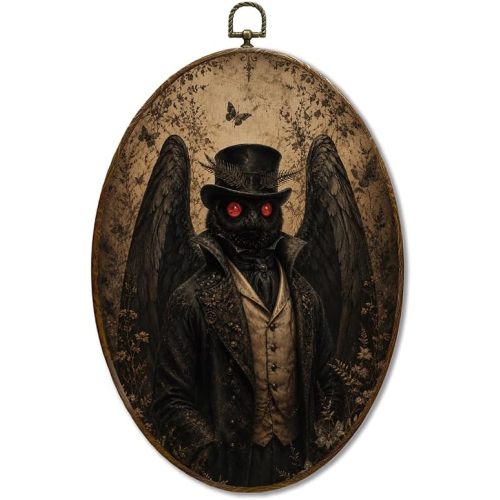 LMMHIOPI Vintage Mothman Oval Wall Art, Victorian Cryptid Wall Hanging, Dark Academia Decor for Halloween Bedroom Living Room Office, 8.5×11.5 Inch