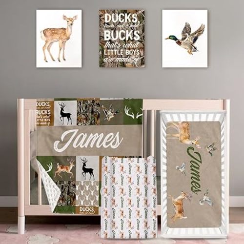 Personalized Baby Crib Bedding Set: 4 Piece Custom Gift Crib Bed Set with Name - Multi-grid Deer Design, Nursery Bedding Set for Baby Girls,Newborn Boys Girls Crib Sets, Crib Bedding Shower Gifts