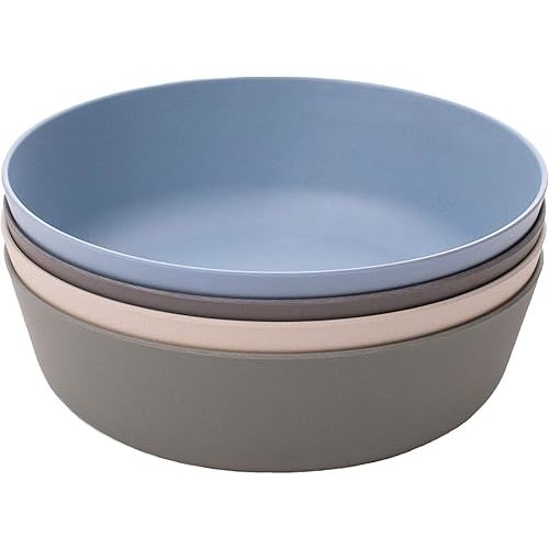 WeeSprout Bamboo Kids Bowls, Set of Four 15 oz Kid-Sized Dinnerware, Cereal, Leftovers & Snack Bowl, Dishwasher Safe (Blue, Green, Gray, & Beige)