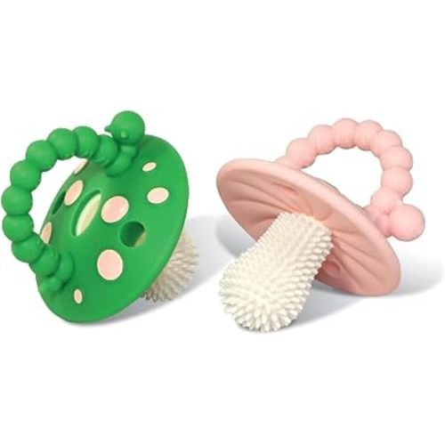 RaZbaby Soft Silicone Infant & Baby 3M+ Teether Toy Massaging Bristles Teething Relief Pacifier - Soothes Sore Gums - Hands-Free & Easy-to-Hold Chompy Teether, BPA Free (Green/Pink)