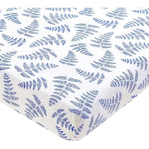 Margaux & May Organic Muslin Crib Sheet – 100% Organic Cotton, Fitted Crib Mattress Sheet, Soft & Breathable, Standard 28” x 52” Baby Crib Sheet, Green Feather Print