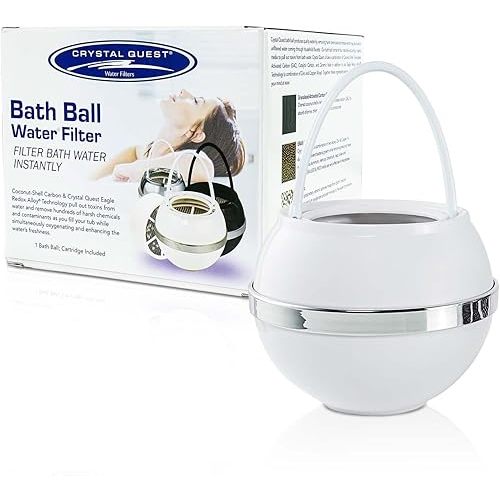 Crystal Quest Bath Ball Water Filter for Bathtub - 3-Stage Filtration, Removes Chlorine, Chloramine & Byproducts, 2,500 Gallons, BPA Free, pH Balanced Water, Fits Most Tubs, Easy Install - White