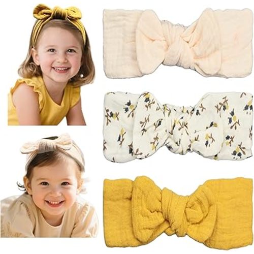 Cotton Muslin Baby Girl Hair Bow Headband, Top Knotted Headwrap Solid Floral Printed for Newborns, Infants, Toddlers(CJGingerset)