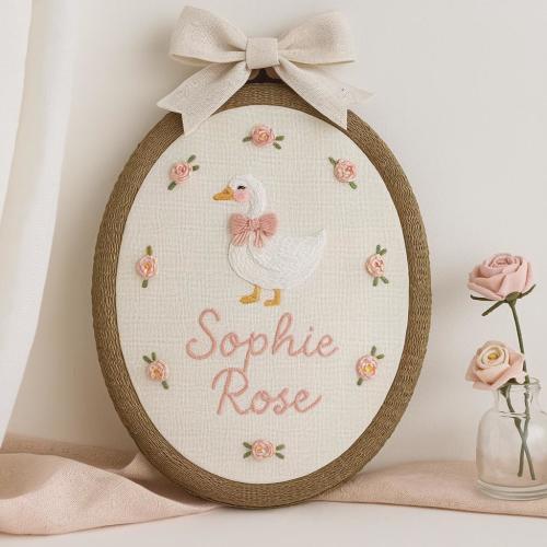 Custom Goose Embroidery Hoop: Baby Name Announcement Sign
