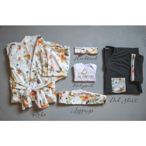 Baby Girl Coming Home Outfit // Mom Robe // Dad Shirt // Earthtone Floral  // Baby Leggings, Personalized Bodysuit, Headband