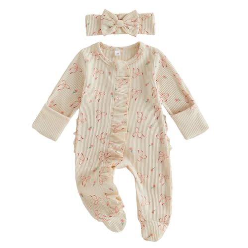 Ayalinggo Newborn Baby Girl Fall Winter Outfits Clothes Knit Jumpsuit Ruffle Romper Newborn Coming Home Outfit for Baby Girl | Newborn Baby Girl Outfits, Vintage Floral Print, Knit Onesie Ruffle Romper, Long Sleeve Jumpsuit, Shower Gift