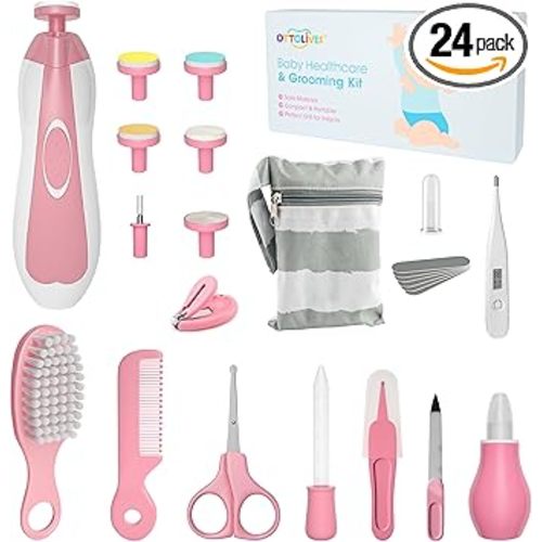 OTTOLIVES Baby Healthcare and Grooming Kit, 24 in 1 Baby Electric Nail Trimmer Set Newborn Nursery Health Care Set for Newborn Infant Toddlers Baby Boys Girls Kids Haircut Tools (0-3 Years+) (Pink)