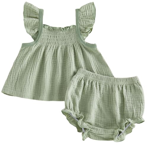 Mubineo Baby Girl Summer Clothes Cute Basic Plain Cotton Linen Ruffle Tops Dress Shorts Outfits Set Shirt Princess Outfit