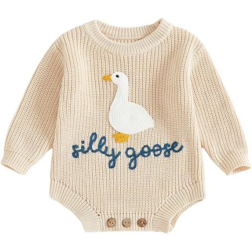 Baby Girl Boy Outfit Silly Goose Embroidery Crewneck Long Sleeve Knit Sweater Bubble Romper Newbrn Fall Winter Clothes