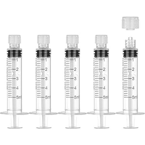 50Pack 5ml/cc Luer Lock Syringe without Needle, Plastic Syringe with Caps for Liquid, Sterile Individually Wrapped