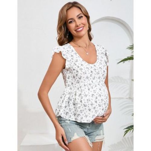 Maternity Top Ruffle Short Sleeve V Neck Discreet Zipper Nursing Top Blouse Dark Floral S