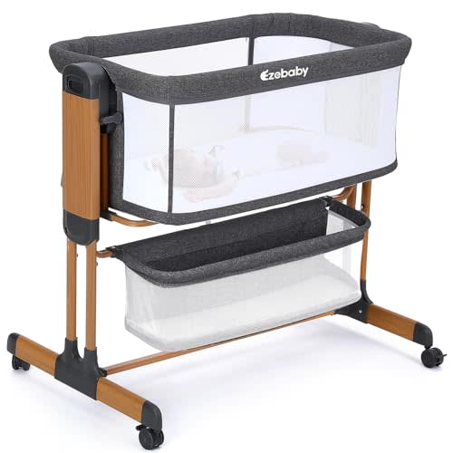 Ezebaby 3-in-1 Baby Bassinet, Rocking Baby Bassinets Bedside Sleeper, Adjustable Portable Crib for Newborn Infant with Wheels Storage Basket and Mesh Sides