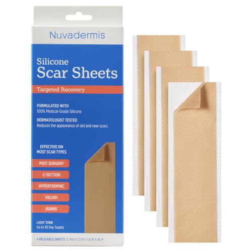 NUVADERMIS Silicone Scar Sheets - Extra Long Scar Sheets for C-Section, Tummy Tuck, Keloid, and Surgical Scars - Reusable Medical Grade Silicone Scar Sheets - Pack of 4 - Light Tone