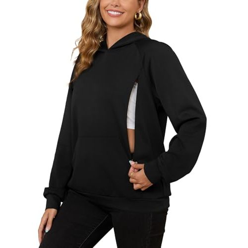 Bhome Nursing Sweatshirt Hoodie for Breastfeeding with Hidden Zippers Maternity Breast Pumping Tops Kangaroo Pocket