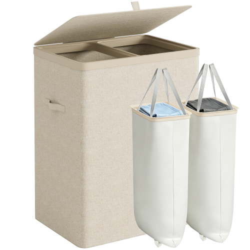 Dovied 150L Double Laundry Hamper with Lid, 2 Removable Washing Bags with Handles, Large Clothes Sorter for Easy Separation (Beige)