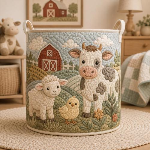 Farm Animal Nursery Storage Basket, Cow Sheep Chick Toy Bin, Barnyard Baby Shower Gift, Farmhouse Kids Room Decor
