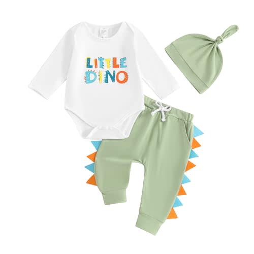 Baby Boys Pants Set Long Sleeve Crew Neck Dinosaur Print Romper Contrast Color Sweatpants Hat Newborn Fall Outfits