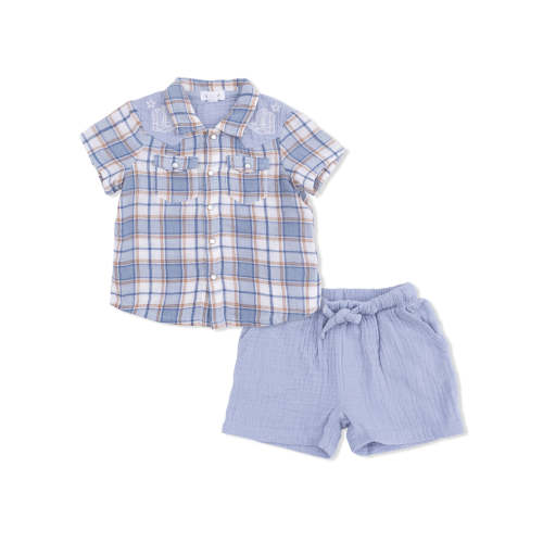 Western Pearl Snap Shirt & Casual Short Set, Western Boot Plaid