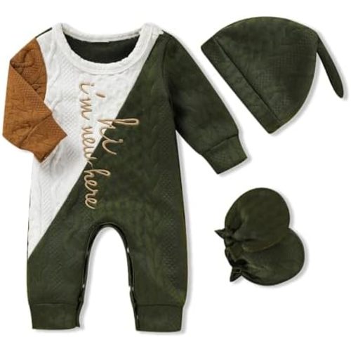 GRNSHTS Newborn Baby Boy Romper Coming Home Outfits Letter Print Bodysuit Jumpsuit+Hat+Gloves 3PCS Clothes Set