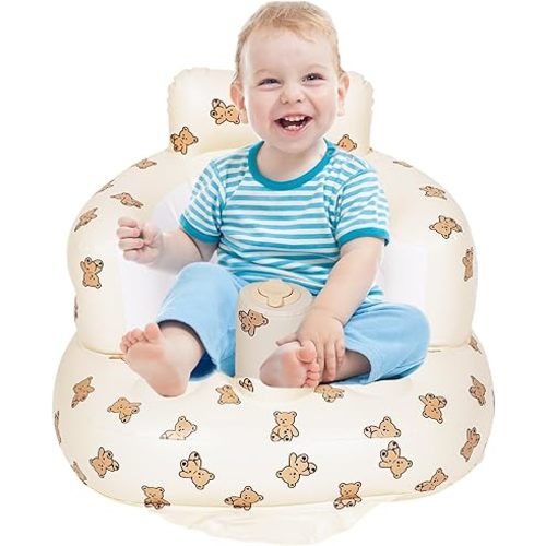 Inflatable Baby Seat Blow up Chair Inflatable Infant Chair for Babies 3-36 Months Learn to Sit up Floor Seat Bliss Built in Air Pump Brown Bear
