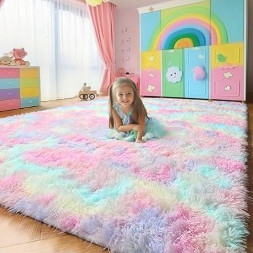 Rainbow Fluffy Kids Rugs for Girls Bedroom, Unicorn Room Decor Aesthetic, 6x9 Colorful Pastel Shag Area Rugs for Playroom Nursery Classroom, Cute Fuzzy Kawaii Princess Carpet for Baby Toddler Teen