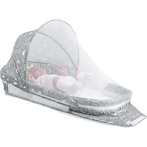 Portable Baby Lounger, Foldable Diaper Bag Babies Nest with 2-in-1 Detaches Mosquito Net & Canopy & Waterproof Pad, Travel Pod Rest Mat, Easy Setup and Storage Ideal for Outdoors Indoors (Gray)