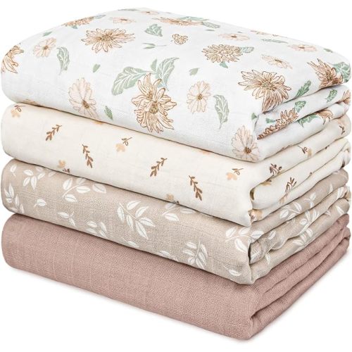GLLQUEN BABY Muslin Swaddle Blankets 4Pk Receiving Blanket Large 35" x 40" | Soft Cotton Baby Blankets for Girls Boys Breathable Nursery Swaddles for Newborns, Baby Essentials Shower Gift, Sunflower