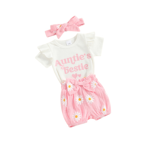 Baby Toddler Girls Shorts Clothing Set, 0 3 6 9 12 18 Months Short Sleeve Letters Print Bodysuit Flower Print Shorts with Hairband Summer Outfit