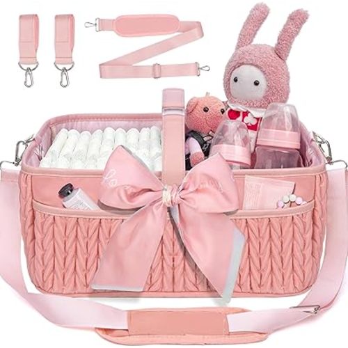 Baby Diaper Caddy Organizer - Large diaper basket with Adjustable Shoulder Strap, Portable Car Travel Tote Bag with Stroller Clips, Essential Newborn Girl Registry Gift, Pink
