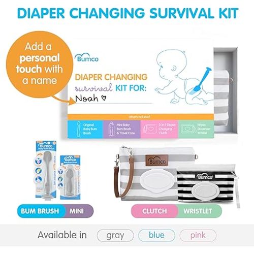 Baby Gift Basket - Personalized Diaper-Changing Baby Gift Set, Gender Neutral Baby Gift with 2 Baby Bum Brushes (Original & Mini) + Diaper Clutch Bag + Wipes Wristlet, Newborn Gift Set