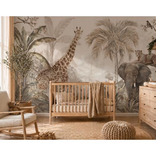 Neutral Jungle Animals Wallpaper, Safari Nursery Wall Mural, Giraffe Elephant Baby Room Decor
