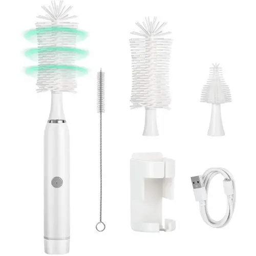 Zooawa Electric Bottle Brush Set with Electric Baby Bottle Brush Cleaner, Nipple Brush, Straw Cleaner Brush, 1800mAh, USB Rechargeable, BPA Free, IP 65 Waterproof, Gift for New Moms, White