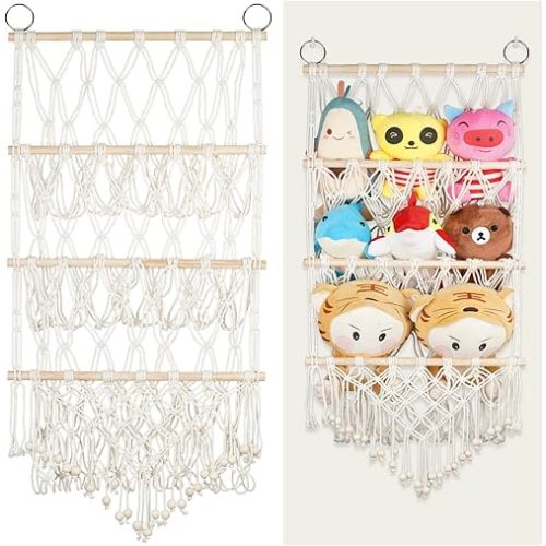 Stuffed Animal Storage Macrame Stuffed Animal Toy Storage Net Wall Mounted Hanging Stuffed Animal Holder Toy Plush Storage Bohemian 3 Layer Hanging Organizer for Kids Bedroom Nursery Room Home Decor