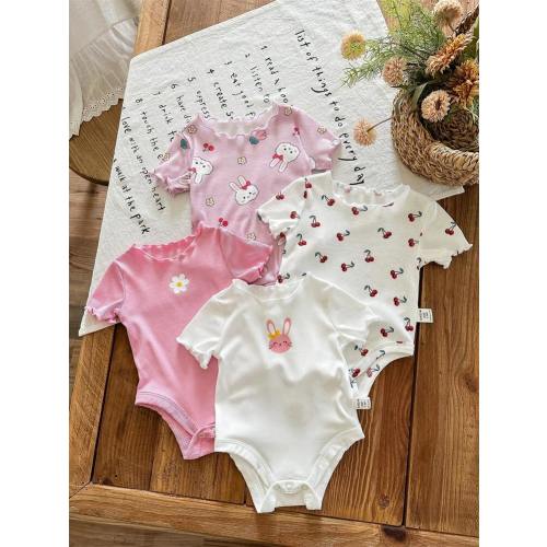SHEIN LMoss Kids 4pcs Newborn Baby Girl Cute Knitted Rabbit & Ditsy Floral Short Sleeve Bodysuit Set, Summer Graphic | SHEIN USA